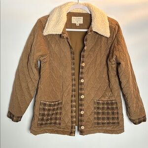 Wild Wawa Corduroy Sherpa  Brown Quilted Jacket with Plaid Accents